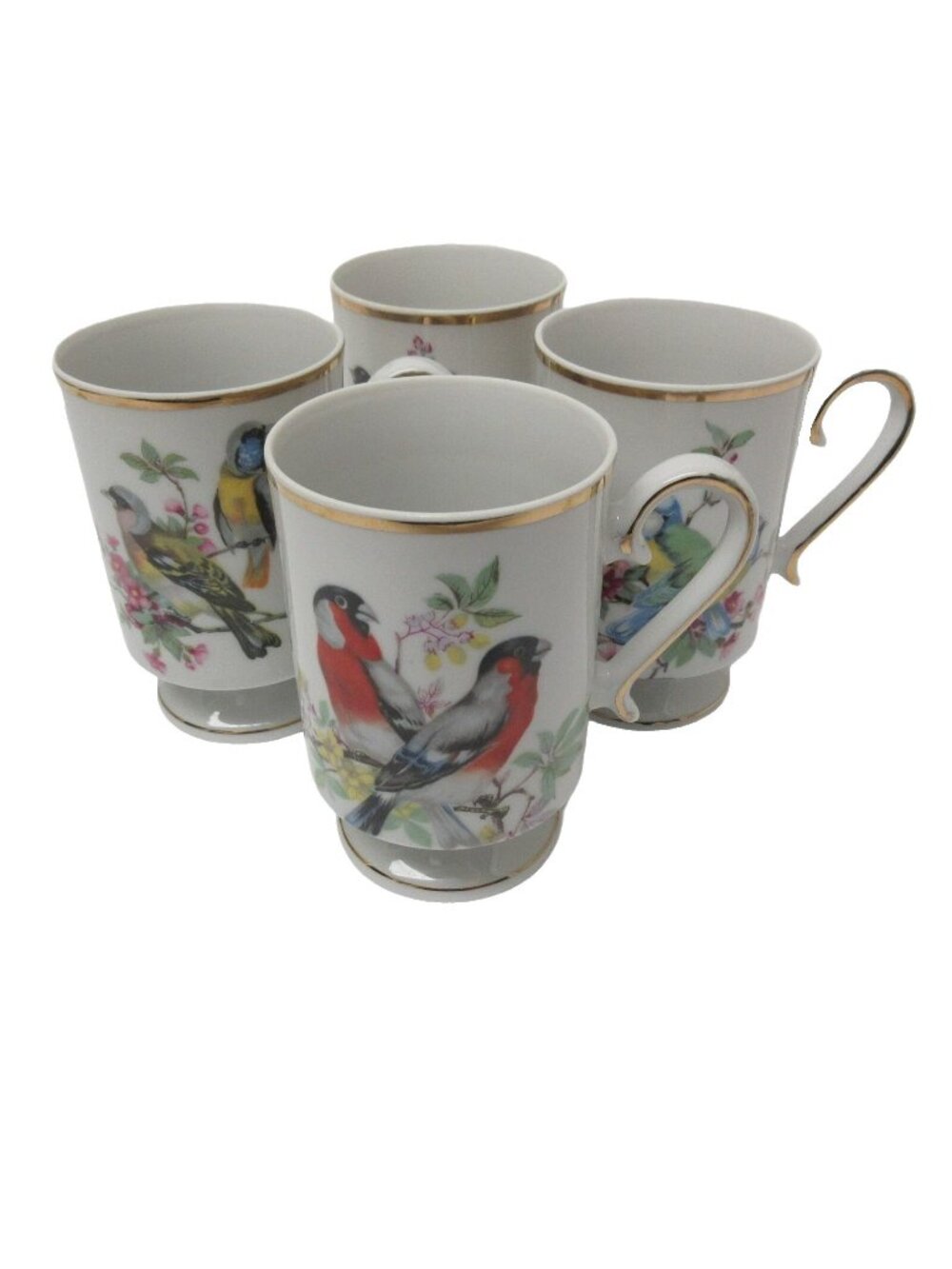 Vtg Royal Crown Porcelain Pedestal Gold Trim Bird Coffee Mugs Tea Cups Set of 4